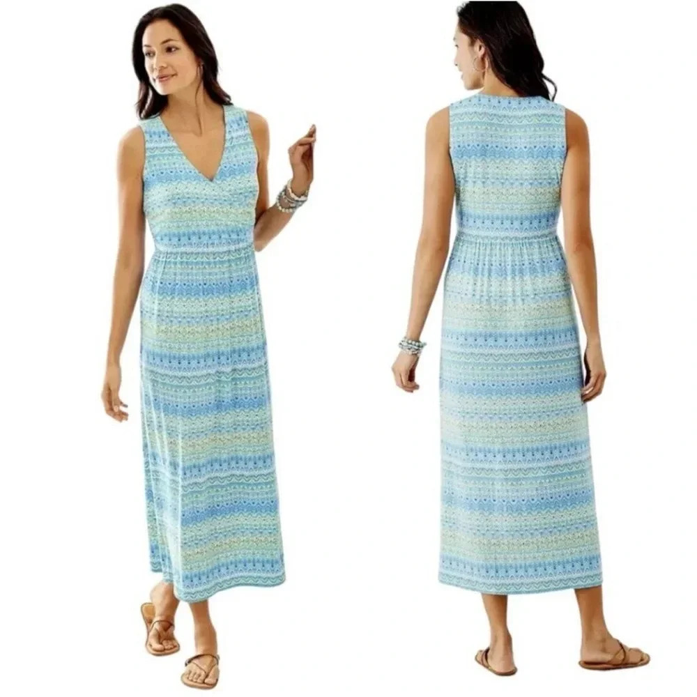 J. Jill Blue Surplice Aegean Island Ikat Print Maxi Dress Stretch Jersey Plus 3X